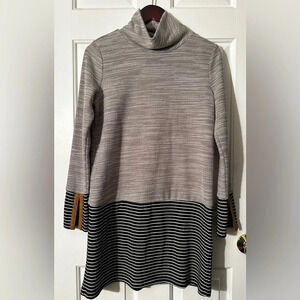 THML Anthropologie Cowl Neck Stripe Gray Black Dress Stretch Faux Suede Trim XS
